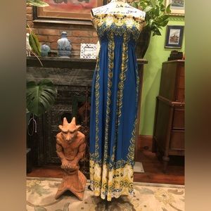 70’s Strapless Ankle-Length Summer Dress Blue with Gold/White Paisley Accents